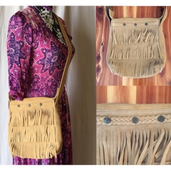 Minnetonka Handbags - Minnetonka Camel Suede Fringe Mid-Size Crossbody Bag with Bronze Medallions